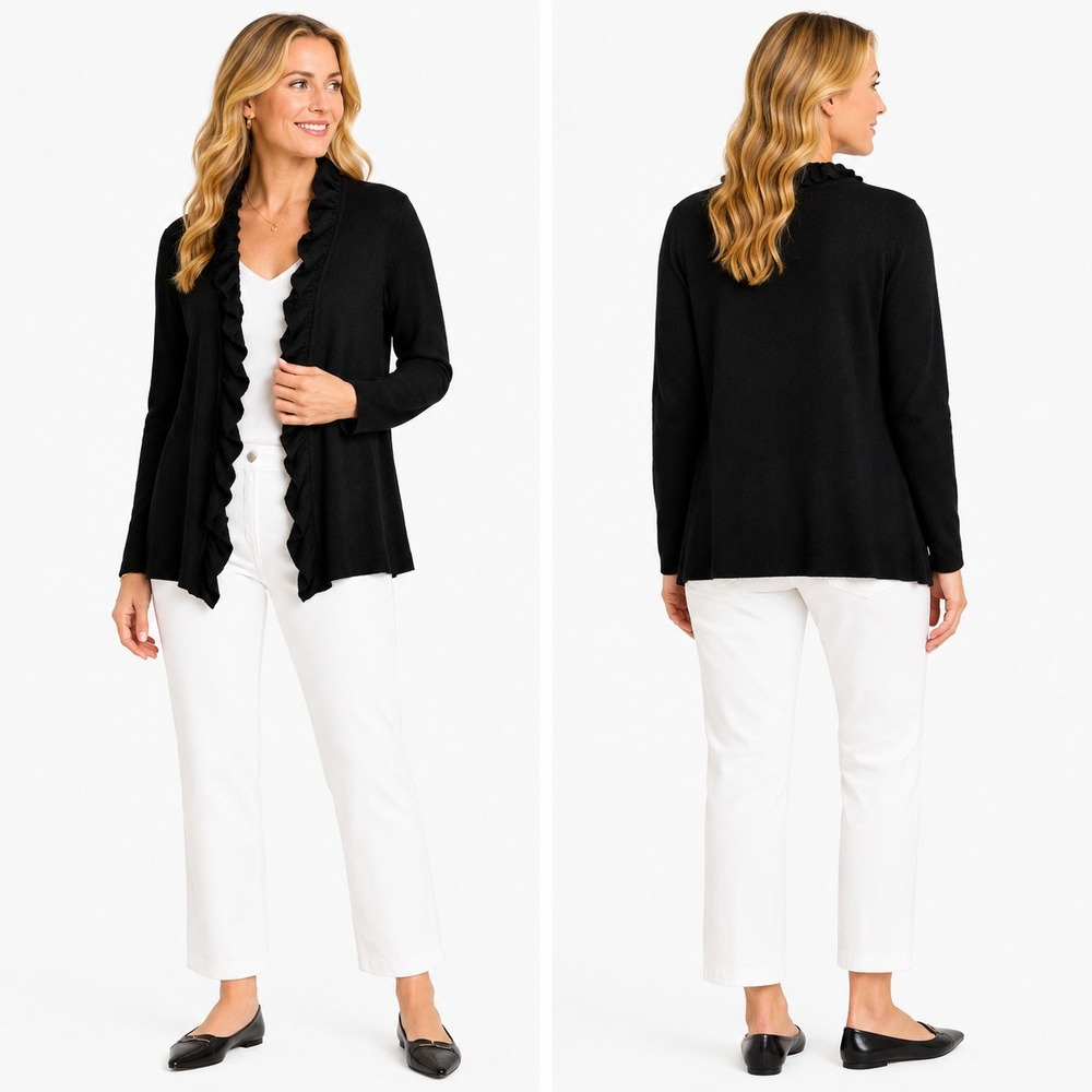 Jones New York Cardigan Womens S Black Cashmere Ruffle Trim Open Front Sweater